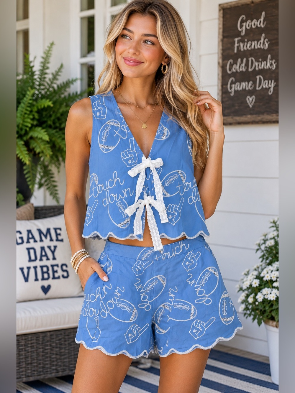 RareRaw Touchdown Football Two Piece Set L Blue Game Day Shorts